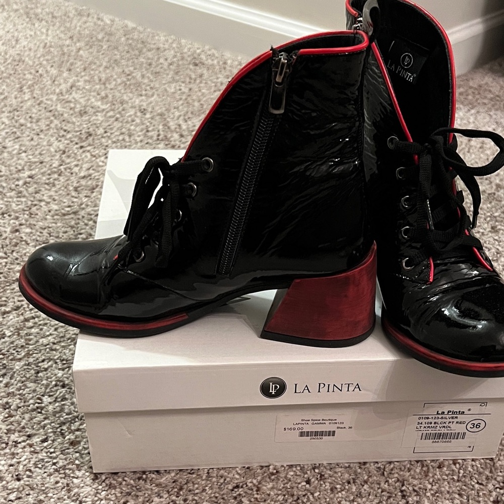 Black Patent Lace-Up Ankle Boots with Red Trim and Block Heel - Picture 5 of 6
